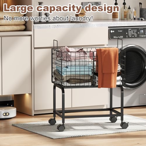 Wire Laundry Hamper Cart,Rolling Laundry Carts with Pull Handle,Black Tall Laundry Basket,Commercial Wire Laundry Hamper Cart-23.6 * 15.75 * 28 inches - style: Medium Oblong-Black