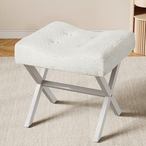 18-Inch Large Vanity Stool Chair, White Makeup Stool | Teddy Flannel Vanity Bench, Metal X-Leg, 350 LBS, 20"x16.9"x18", Ottoman Accent Stool, Breathable Soft Padded Saddle Seat - size: Large, style: White Fabric