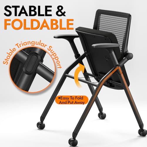 Foldable Office Chair with PU Wheels and Smooth Armrest-Ergonomic Mesh Bouncing Back, Stackable Conference Room Chair, Office Guest & Reception & Meeting Chair (Black)