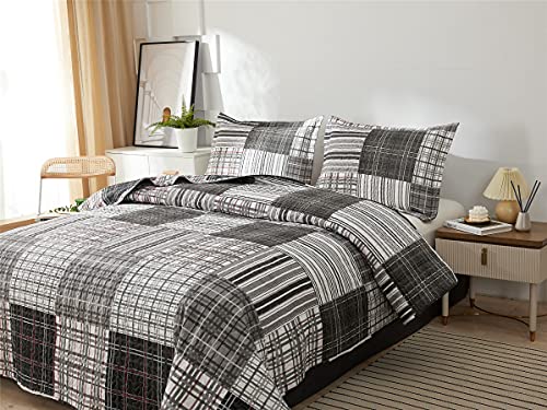 Ycosy Queen Size Quilt Set Bedding Plaid Patchwork Bedspread Set Soft Lightweight Quilt Bedspread Bedding Black White Grey Plaid Stripe Modern Quilts Patchwork Coverlet Mens Home Quilt for Queen Bed - color: Grey, size: Full/Queen