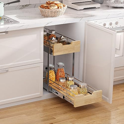 Sikarou Pull Out Cabinet Organizer,Heavy-Duty Slide Out Shelf, Wood and Wire Basket, Pull Out Drawer for for Kitchen Under Sink Space, Pantry, Bathroom, 2 Tie 9 * 21 in - size: 2-TIE 9*21 WM