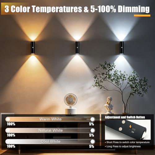 2 Pack Motion Sensor Wall Light, Rechargeable Wall Sconces | Wall Sconces Battery Operated with 3 Colors & Dimmable, Magnetic Wireless Wall Sconces for Stair Bedroom Hallway (Black) - color: Black