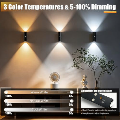 2 Pack Motion Sensor Wall Light, Rechargeable Wall Sconces | Wall Sconces Battery Operated with 3 Colors & Dimmable, Magnetic Wireless Wall Sconces for Stair Bedroom Hallway (Black) - color: Black