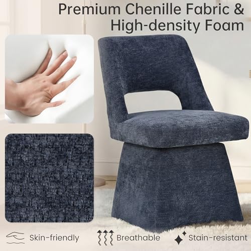 VKNOW Upholstered Swivel Dining Chair with Curved Open Back | Modern Dining Room Chairs with Chenille Fabric, Space-saving, Easy Assembly, for Dining Room, Living Room, Bedroom, Blue - color: Blue