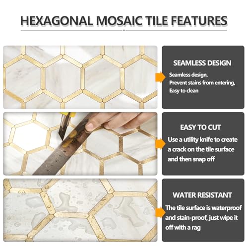 STICKGOO Hexagon Peel and Stick Backsplash Tile, Stick on Backsplash for Kitchen and Bathroom, Glossy Eurasian Wood Grain PVC Mixed Metal Gold Self Adhesive Wall Tiles(10 Sheets, Seamless) - color: Eurasian Wood Grain with Metal Gold