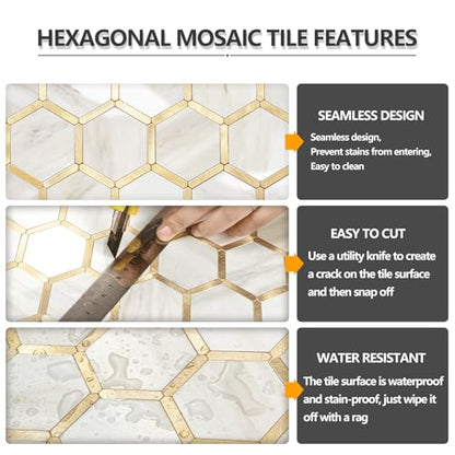STICKGOO Hexagon Peel and Stick Backsplash Tile, Stick on Backsplash for Kitchen and Bathroom, Glossy Eurasian Wood Grain PVC Mixed Metal Gold Self Adhesive Wall Tiles(10 Sheets, Seamless) - color: Eurasian Wood Grain with Metal Gold