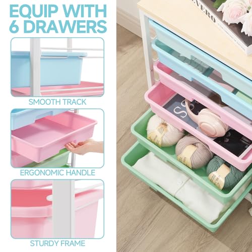Sykiariol Rolling Cart with 6 Drawers,Colorful | Utility Cart with Lockable Wheels and Wooden Tabletop for Under Desk Storage,Teacher Cart for Classroom - color: Colorful, size: 6 Drawers