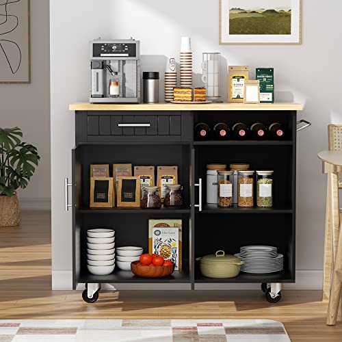 Kitchen Island Cart on Wheels with Storage Cabinet & Drawer, 42" Multifunction Kitchen Cart Cabinet with Shelves, Cart Handle for Towel Rack or Free Mobility,Black - size: 42-IN