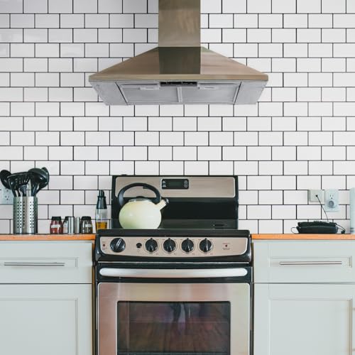 STICKGOO Subway Tile Peel and Stick Backsplash, Thicker Design 12" x 12" Stick on Backsplash Tiles for Kitchen, Bathroom, Wall Tile (10 Sheets, Cold White with Black Grout) - color: Cold White With Black Grout
