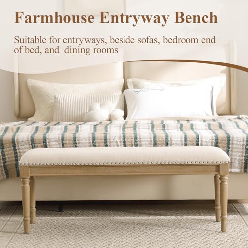 46'' French Country Entryway Bench Wooden Linen Fabric Upholstered Seat Dinng Bench with Nailhead Trim for Hallway End of Bed, Beige - color: Linen, Beige, Nailhead Trim