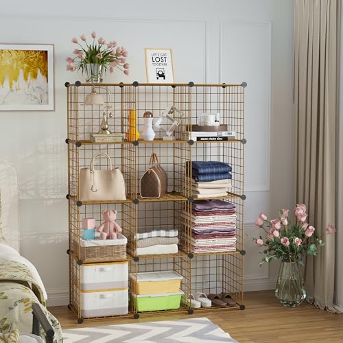 C&AHOME Wire Cube Storage, 12 - Cube Organizer Metal C Grids, Closet, Brown | Modular Shelves Units Storage Bins Shelving Bookshelf Shelf Cabinet - color: Brown