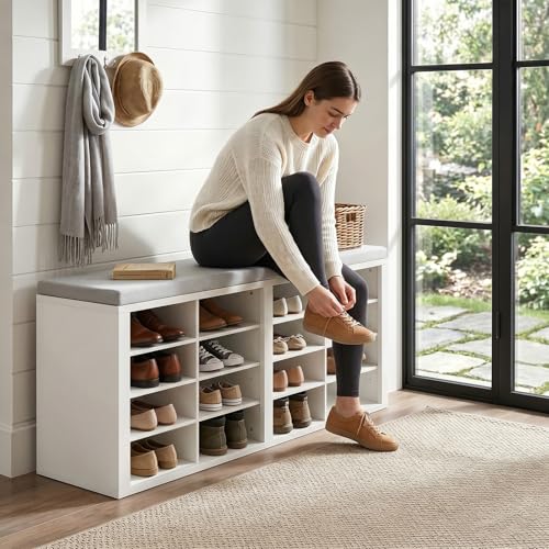 Shoe Storage Bench with Cushion Shoe Rack for Entryway 16 Cubby Multifunctional Organizer Bench Entryway with Soft Sponge Cushion for Hallway Living Room Bedroom (White & Light Gray) - color: White & Light Gray
