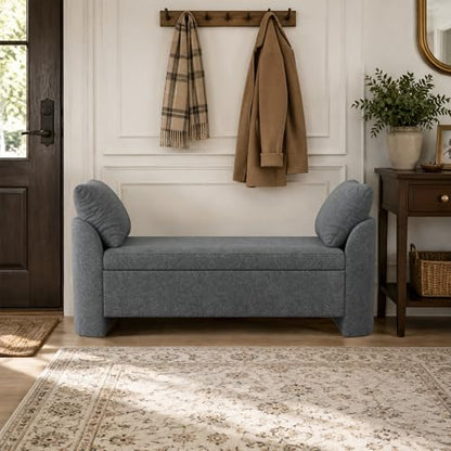 Usaint 58.3" Upholstered Storage Ottoman Bench with 2 Pillows, Charcoal | End of Bed Bench with Curved Arms and Thickened Seat Cushion for Bedroom, Livingroom, Window, Entryway and Dressing Areas - color: Charcoal