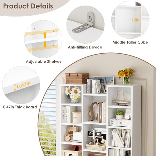 FOTOSOK 71'' H White Bookshelf with 21 Cubes, Triple Wide Tall Bookshelf | 8 Tier Bookcase with 8 Adjustable Shelves, Large Bookshelf DVD/CD Media Tower Storage, Freestanding Display Shelf Cabinet - color: White