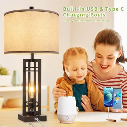 Set of 2 Farmhouse Table Lamps for Living Room,27-inch Bedside Lamps | Cream Shade Desk Lamps with USB A+C Ports, 3-Level Dimmable Touch Light, 4 LED Bulbs Included, Bedroom Home Office Nightstand - color: Beige