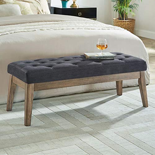 24KF Velvet Upholstered Buttons Tufted Entryway Bench with Solid Wood Leg,Bed Bench Ottoman with Padded Seat,5034-Midnight - color: Midnight Velvet, size: Tufted Bench with Solid Wooden Base