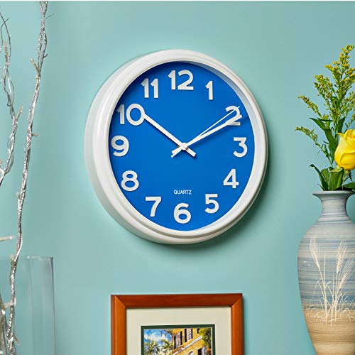 Bernhard Products Blue Wall Clock 12.5 Inch Silent Non-Ticking Modern Stylish Quartz Clocks for Home Kitchen Office Bedroom Boy's Room Nursery Kids School Classroom Battery Operated Easy to Read - style: True Blue