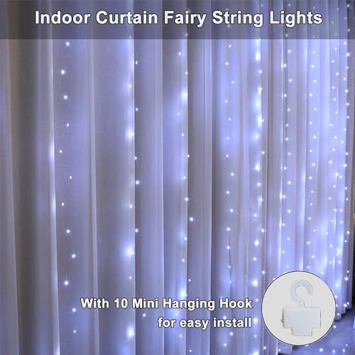 Curtain String Lights, 300 LED Fairy Lights with 8 Light Modes, 9.8x9.8Ft Remote Controlled Plug-in Fairy String Lights for Christmas, Bedroom, Indoor, Outdoor, Weddings, Party Decor (White) - color: Copper Wire-White