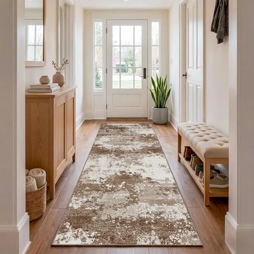 Brown Rug Runners for Hallways Kitchen 2.6x8 Non Slip Washable Entryway Runner Rugs with Rubber Backing 8ft Long Carpet Runner for Laundry Bedroom, Low Pile Stain & Fade Resistant, Abstract Coffee - color: Brown, size: 2'8" X 8' (Runner)