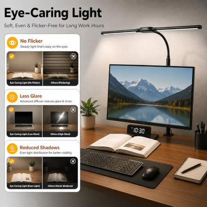 LED Desk Lamp with Clamp, Dual Head Desk Light for Home Office, Eye-Caring Monitor Desk Lamp with Remote, Flexible Gooseneck Architect Task Lamp, 10 Brightness Levels & 5 Color Modes Black - color: Black