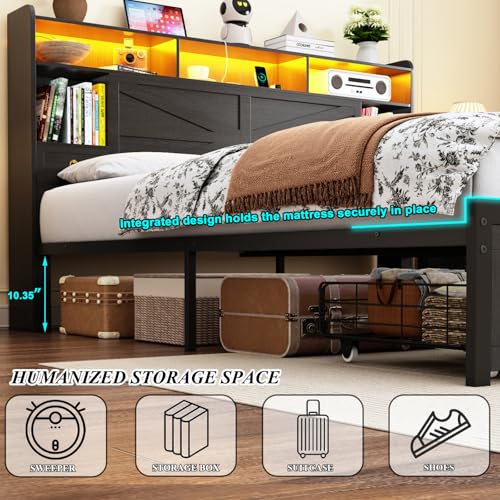 King Bed Frame with Storage Headboard, Farmhouse Platform Bed Frame with Bookshelf, Drawers, LED Lights and Charging Station, Metal Slats Support, Noise Free, No Box Spring Needed, Black - size: King