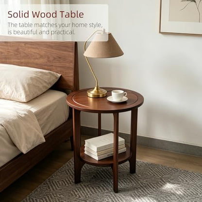 Solid Wood Round Side Table for Living Room, Bedroom | 2-Tier Wooden End Tables, Mid Century Modern Circular Nightstand Bedside Table, Easy Assembly (Walnut) - color: Walnut