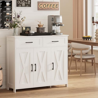 Homhedy Coffee Bar Storage Cabinet with Drawers, Kitchen Buffet Cabinet | Sideboard Cabinet with Doors, Farmhouse Buffet Cabinet, Adjustable Shelves, for Kitchen / Dining / Living Room, White - color: White
