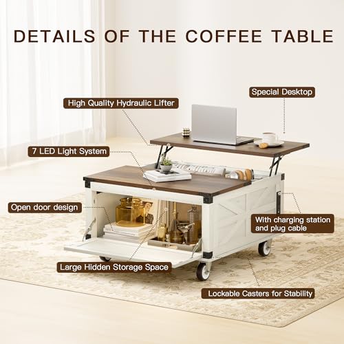 Farmhouse Coffee Table with Lifting Top & 4 Wheels for Living Room | LED White Square Center Tables with Large Storage & Charging Station, Wood