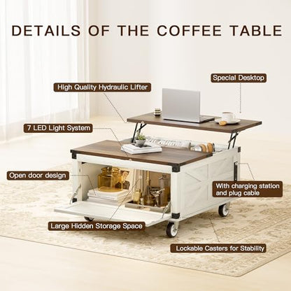 Farmhouse Coffee Table with Lifting Top & 4 Wheels for Living Room | LED White Square Center Tables with Large Storage & Charging Station, Wood
