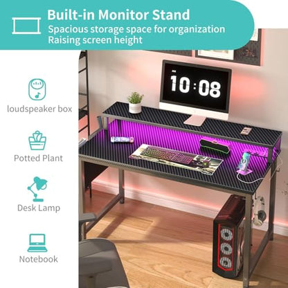 Lufeiya Gaming Desk with Power Outlets and LED Lights, 40 Inch Gamer Desk Table with Charging Station, Home Office Computer Desks with Monitor, Black - color: Carbon Fiber Black, size: 39.4"