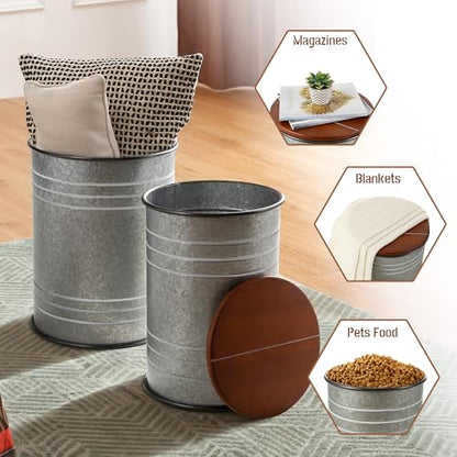 Glitzhome Rustic End Table Set of 2, Farmhouse Galvanized Metal Barrel Ottoman Storage Stool with Round Wood Lid for Living Room Furniture, Grey - color: Grey