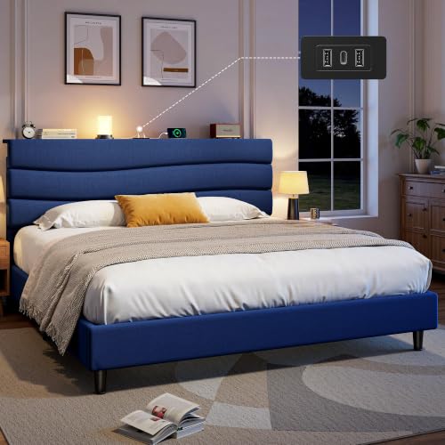 EnHomee King Size Bed Frame with Upholstered Headboard & Charging Station | Adjustable height, Wave design, 2 USB & 1 Type-C ports, Under-bed storage, Noise-free, No box spring needed, Navy Blue - color: Navy Blue, size: King