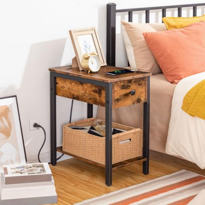 HOOBRO End Table with Charging Station, Narrow Side Table, Small Nightstand, Bedside Tables with Drawer and Storage Shelves, for Small Spaces, Living Room, Bedroom, Rustic Brown and Black BF041BZ01G1 - color: Rustic Brown+black