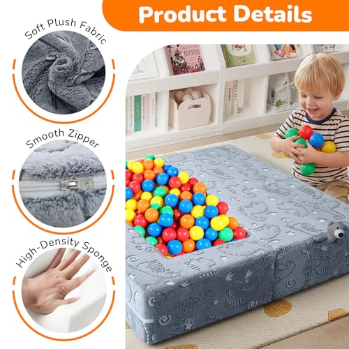 MeMoreCool Glow Dinosaur Kids Couch, Gray Modular Fold Out Play Couch | Glow Dino Foam Kids Sofa Set, Machine-Washable Cover - color: Grey Dinosaur