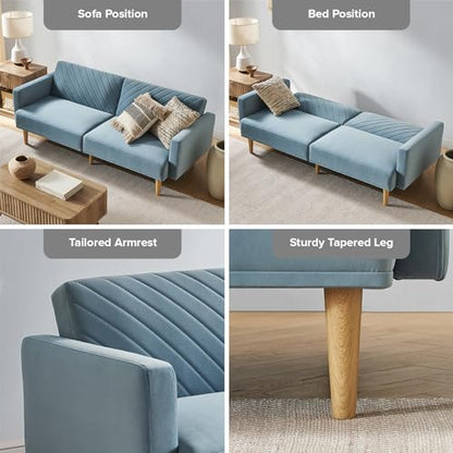 mopio 76.4" Futon Sofa Bed Chevron Styled, Sleeper Couch (Sky Blue Velvet) | Two-in-one seat and crash pad with plush cushioning; tapered legs add retro charm to tight rooms. - color: Sky Blue Premium Velvet