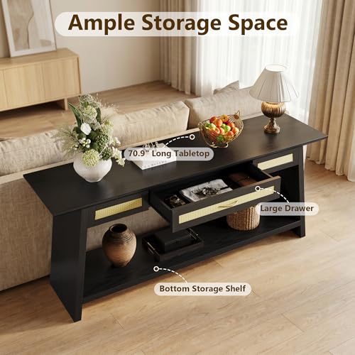 iPormis 70.9 Inches Rattan Entryway Table with Drawer, Narrow Long Console Table Behind Sofa, Modern Entry Accent Hallway Table for Living Room, Behind Couch, Entrance, Black - color: Black