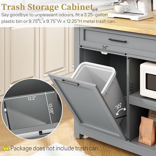 Kitchen Island with Storage and Seating Include 2 Bar Stools, Drawers, Grey | 47" Solid Rubberwood Top Kitchen Island with Trash Can Storage, Power Outlet, 6 Hooks, Coffee Bar Cabinet, Dining Table for 2 - color: Grey