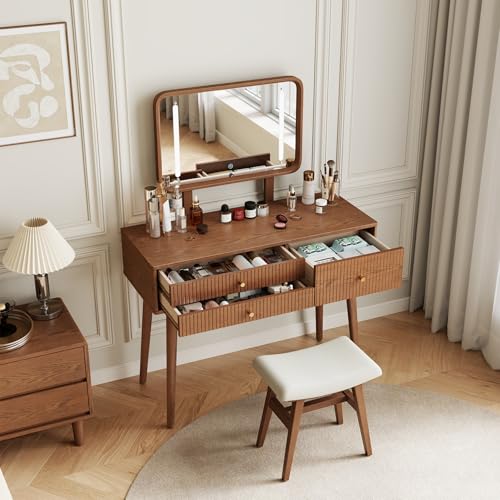 Wood Makeup Vanity,Makeup Vanity Desk with Lights,3 Color Modes & Adjustable Brightness,midcentury Modern Vanity,Walnut - size: Wood Vanity with Mirror Light