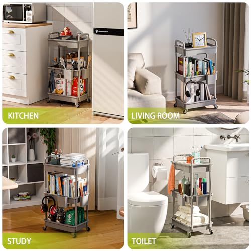 Sorgion 3 Tier Rolling Cart Organizer,Laundry Room Bathroom Organizers and Storage Office Shelves Mobile Shelving Unit Kitchen Trolley Cart with Wheels for Art,Craft,Diaper,Bedside,Snack(Grey) - size: 3Tier-Grey