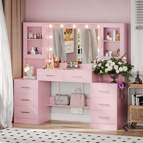 TOKSOM Large Pink Vanity Desk with Mirror and Charging Station, Makeup Desk with 8 Drawers, 2 Cabinets and Lots Storage, Dressing Table Vanity Set for Girls 58.3 inch - size: 58.3 inch, style: Modern Pink