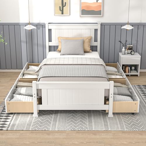 VINGLI Twin Size Solid Wood Bed with 4 Storage Drawers and Headboard,Modern Minimalist Panel Platform Bed for Kids,Adults & Guests,Sleigh Bed,Crisp White - size: Twin