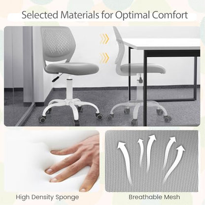 POWERSTONE Small Home Office Desk Chair, Swivel Rolling Study Computer Chair, Adjustable Height Task Chair with Armless Mid Back, Upholstered Mesh Seat, Grey - color: Grey
