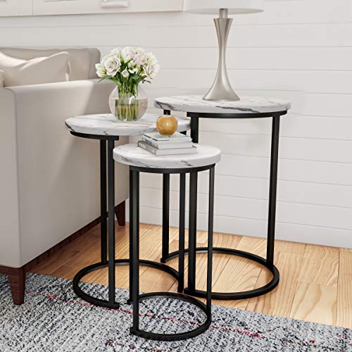 Lavish Home Round Nesting Tables Set of 3, Faux Marble Tabletop, White | 25”H / 22.5”H / 20.25”H Modern Side Tables, Space Saving Accent Table Set, for Living Room, Bedroom, Dorm or Home Office - color: White Marble