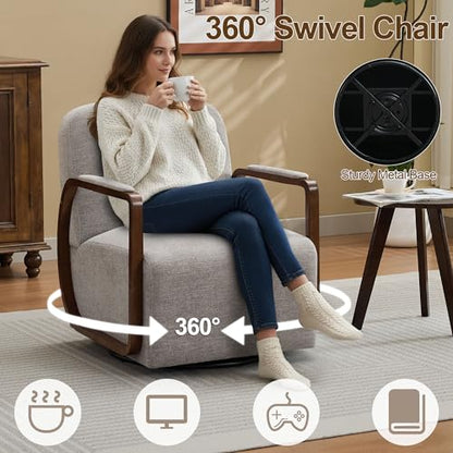32" Chenille Upholstered Swivel Accent Chair, 360° Rotating Metal Base Modern Lounge Chair with Wooden Armrests for Living Room Bedroom, Brown - color: Brown, size: 1 Pack