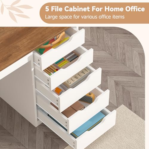 47 Inch Small Computer Desk with 5 Drawers and Outlets for Home Office | Home Office Desks with Storage File Cabinet and Charging Station, Modern Simple Laptop Desk Writing Table, Brown and White - color: Brown and White