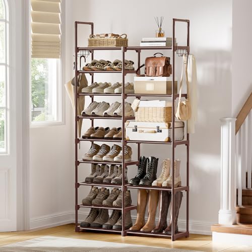 WOWLIVE 9 Tier 2-Column Shoe Rack, 30-35 Pairs Stackable Brown | Compact 33.75in Long Fits Narrow Spaces, Removable Layers for Boots Heels, Split Design for Flexible Layout - color: Brown, size: 2 Row 9 Tier