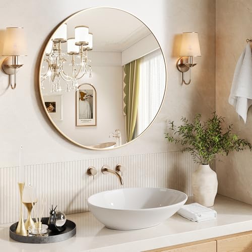 36" Gold Round Mirror for Wall, Large Circle Bathroom Mirror, Matte Gold Metal Frame, HD Eco-Friendly Glass, Contemporary Vanity Entryway Hallway Living Room Home Decor, Easy to Hang - color: Gold, size: 36"L x 36"W