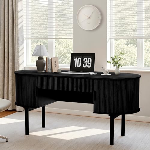 Executive Office Desk with Storage, 63 Inch Large Computer Workstation Desk with Drawer and File Cabinets, Mid Century Modern Fluted Wood Writing Desk for Home Office, Study Room, Living Room, Black - color: Black