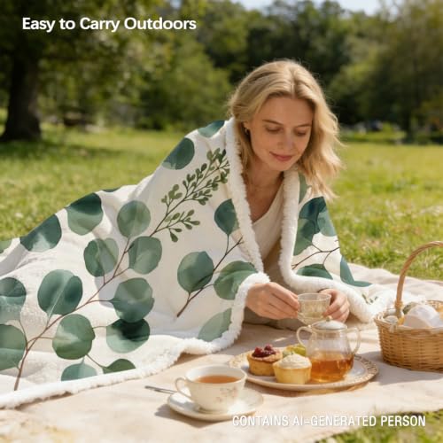 MILANKET Eucalyptus Sherpa Blanket Botanical Leaf Throw Blanket | Sherpa; Soft; Eucalyptus Sherpa Blanket Botanical Leaf Throw; Fuzzy; Cozy; Plush; for; Couch; Bed; Warm; Blankets; Minimal - color: Eucalyptus, size: Throw(50"x60")