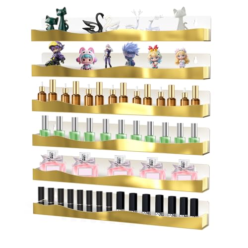 6 Pack Wall Mounted Acrylic Nail Polish Organizer Rack 15 Inch Gold Mirror Nail Polish Shelf with Removable Ends Multi-Purpose Shelf for Essential Oils Cosmetics Storage Display for Salon Bathroom - color: Gold Mirror